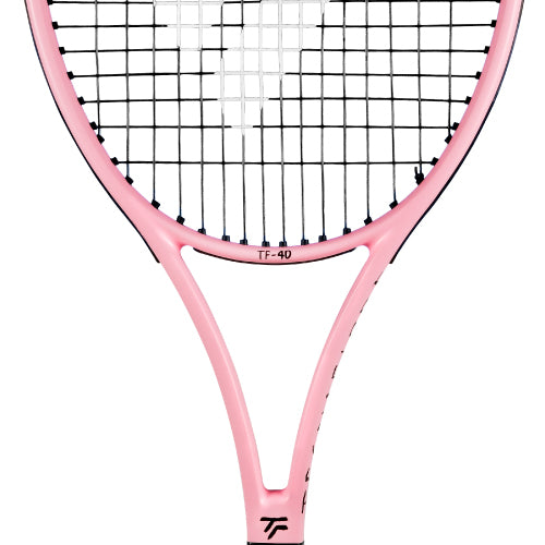 Head and throat of the pink TF-40, showing the Tecnifibre logo at the yoke