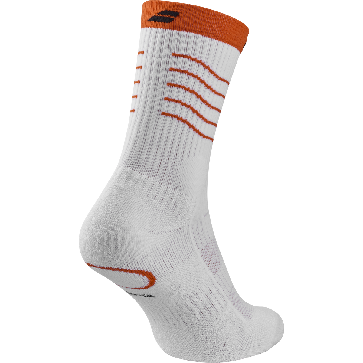 Babolat Mid-Calf Socks Lebron in white and orange, three-quarter left view