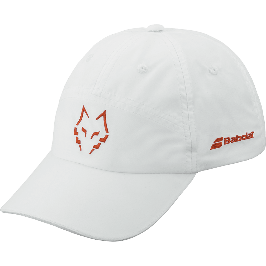Babolat Perf Cap Lebron in white and orange, three-quarter left view