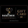 The Racket House gift card — gold crossed rackets on black