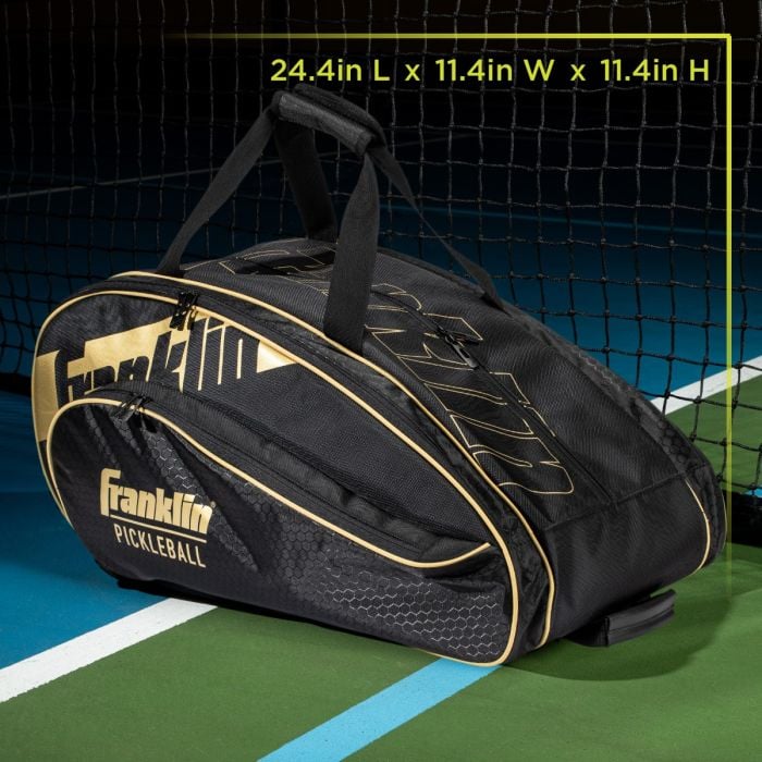 Franklin Pro Series pickleball paddle bag, black and gold, dimensions