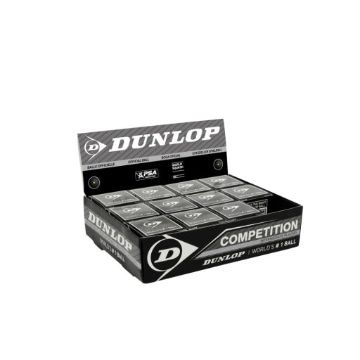 Dunlop Squash Ball - Competition (Single Yellow) 12 Ball Box - Black